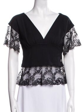 Roberto Cavalli Black Lace Trim V-Neck Top